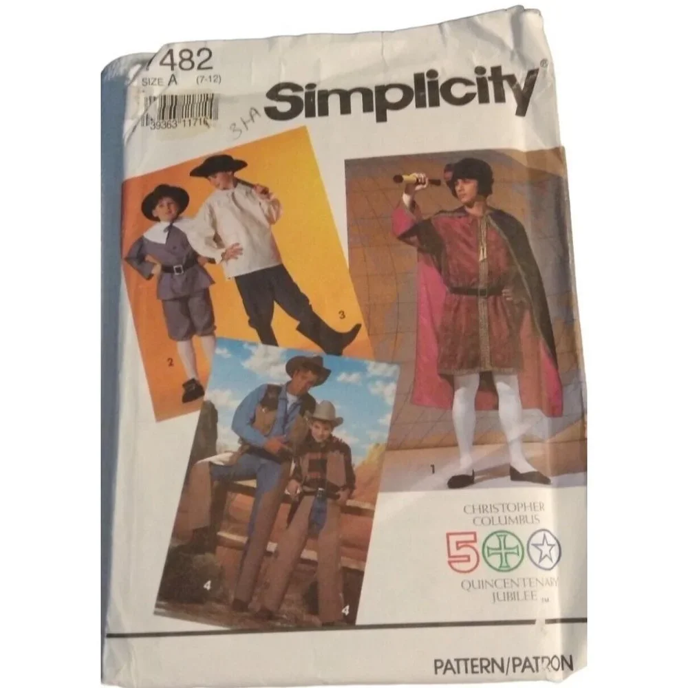 Simplicity UNCUT 7482 Boys Costumes (7 8 10 12) Cowboy Pilgrim Columbus 1991